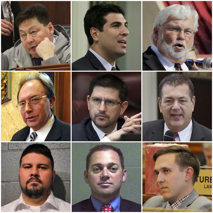 This combination of photos shows the numerous state lawmakers across the country who have been accused of sexual misconduct or harassment in the past year as of January 2018, who have resigned from office. Top row from left are Alaska Rep. Dean Westlake, California Assemblyman Matt Dababneh and Florida Sen. Jack Latvala. Middle row from left are Mississippi Rep. John Moore, Nevada Sen. Mark Manendo and Oklahoma Rep. Dan Kirby. Bottom row from left are Oklahoma Sen. Ralph Shortey, Oklahoma Sen. Bryce Marlatt and South Dakota Rep. Mathew Wollmann. (AP Photo)