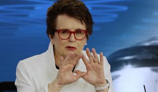 Billie Jean King, former ladies singles champion gestures during a press conference ahead of the Australian Open tennis championships in Melbourne, Australia Friday, Jan. 12, 2018. King is in Melbourne to celebrate the 50th anniversary of her Australian Open victory. (AP Photo/Mark Baker)