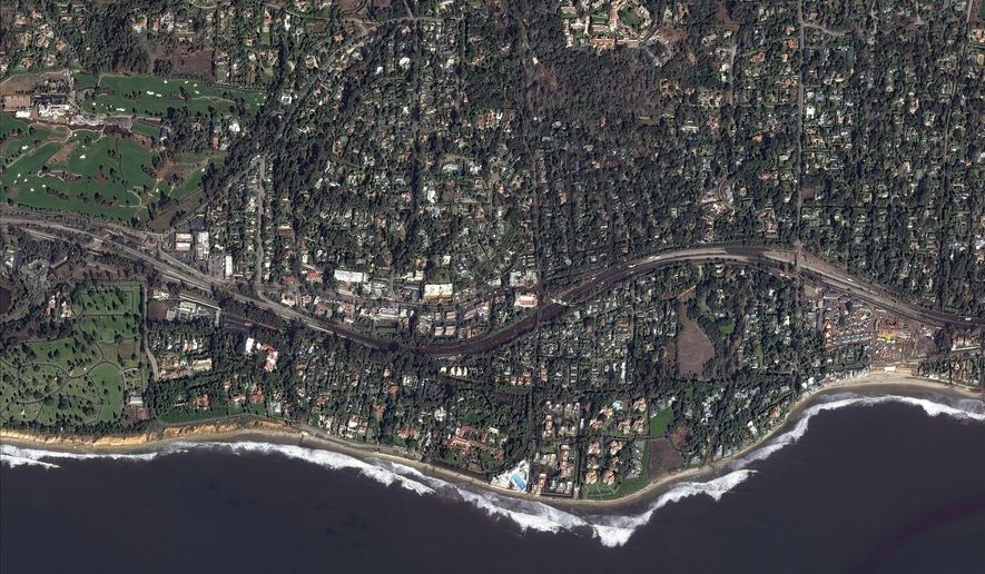 This Jan. 10, 2018 satellite image released by DigitalGlobe News Bureau shows Highway 101 after storms caused mudslides and flooding in Montecito, Calif. The number of missing after a California mudslide has fluctuated wildly, due to shifting definitions, the inherent uncertainty that follows a natural disaster, and just plain human error. (DigitalGlobe News Bureau via AP)