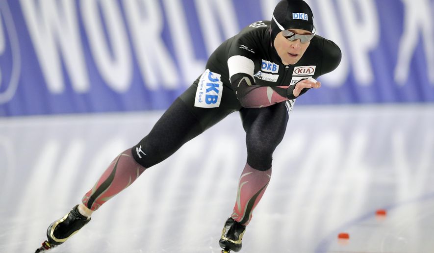 FILE - In this Jan. 29, 2017, file photo, Germany&#39;s Claudia Pechstein competes during the women&#39;s 3,000 meters of the Speed Skating World Cup in Berlin. The German will become the first woman to compete in seven Winter Olympics. She has a chance to become the oldest Winter Olympic medalist in an individual event and the first person to win the same individual Winter Olympic event four times (she won the 5,000 meters in 1994, 1998 and 2002). (AP Photo/Michael Sohn, File)