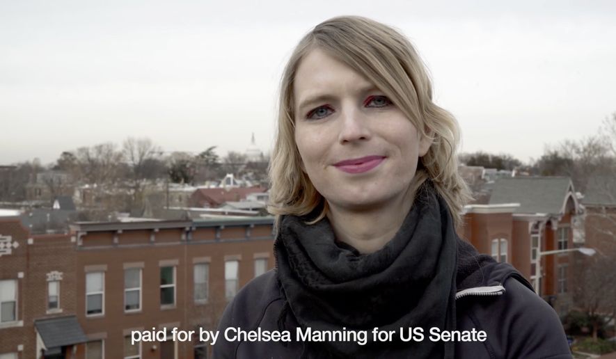 This frame from video released by the Chelsea Manning Senate campaign on Sunday, Jan. 14, 2018 shows Chelsea Manning in a campaign video. Manning on Sunday confirmed via Twitter that she is a candidate for U.S. Senate. (Chelsea Manning For US Senate via AP)