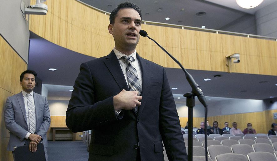 In this Oct. 3, 2017, file photo, conservative writer Ben Shapiro speaks during the first of several legislative hearings planned to discuss balancing free speech and public safety in Sacramento, Calif. (AP Photo/Rich Pedroncelli, File)