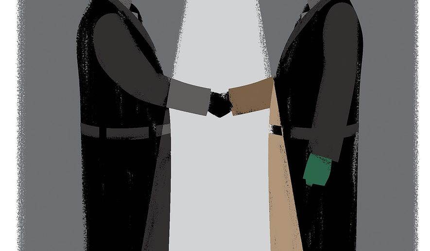 Illustration on an alliance between Irael and Saudi Arabia by Linas Garsys/The Washington Times