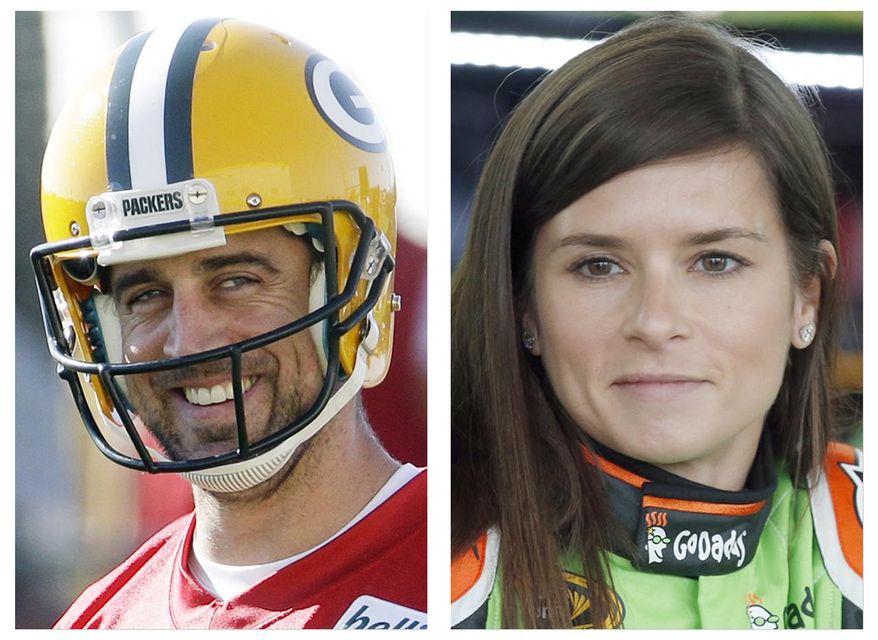 FILE - In this July 30, 2015, file photo, Green Bay Packers&#39; Aaron Rodgers, left, smiles during NFL football training camp in Green Bay, Wis.; and in this May 23, 2015, file photo, NASCAR driver Danica Patrick waits by her car in Charlotte, N.C. Patrick, a noted Chicago Bears fan, confirmed Monday. Jan. 15, 2018, she is dating Rodgers. (AP Photo/ Morry Gash, left, and Chris Keane, right, File)