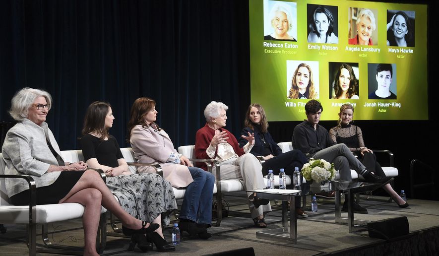Rebecca Eaton, from left, Annes Elwy, Emily Watson, Angela Lansbury, Maya Hawke, Jonah Hauer-King and Willa Fitzgerald participate in the Masterpiece "Little Women" panel during the PBS Television Critics Association Winter Press Tour on Tuesday, Jan. 16, 2018, in Pasadena, Calif. (Photo by Richard Shotwell/Invision/AP)