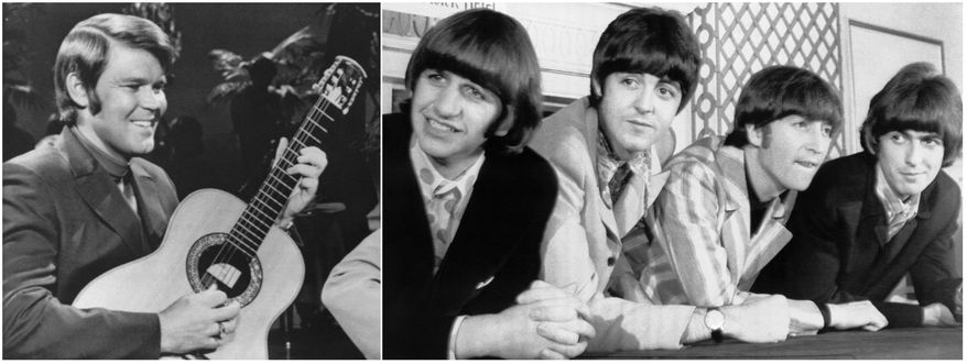 In this combination photo, country singer Glenn Campbell appears in 1969, left, and The Beatles, from left, Ringo Starr, Paul McCartney, John Lennon and George Harrison appear at a press conference in New York on Aug. 23, 1966. Campbell’s “By the Time I Get to Phoenix” won Album of the Year at the Grammy Awards in 1969, beating the Beatles’ “Magical Mystery Tour,” which was also nominated. (AP Photo/File)