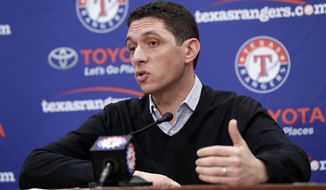 Texas Rangers President of Baseball Operations and General Manager Jon Daniels addresses questions from reporters during a news conference at the team&#39;s ballpark, Tuesday, Jan. 16, 2018, in Arlington, Texas. (AP Photo/Tony Gutierrez)