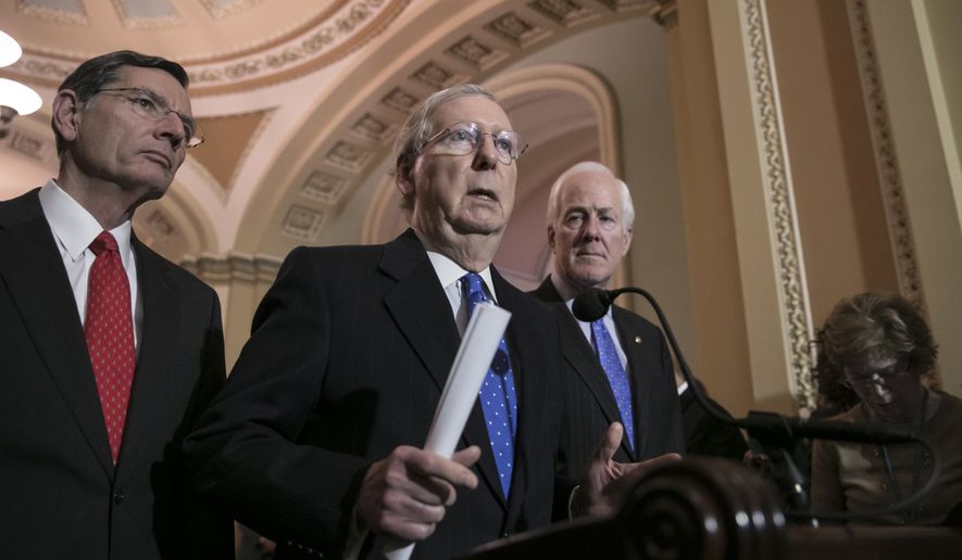 Senate Majority Leader Mitch McConnell, R-Ky., flanked by Sen. John Barrasso, R-Wyo., left, and Majority Whip John Cornyn, R-Texas, speaks to reporters about efforts to avoid a government shutdown this weekend, at the Capitol in Washington, Wednesday, Jan. 17, 2018. (AP Photo/J. Scott Applewhite)