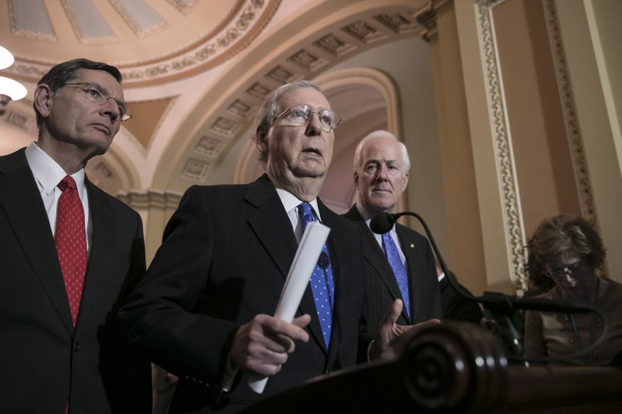 Senate Majority Leader Mitch McConnell, R-Ky., flanked by Sen. John Barrasso, R-Wyo., left, and Majority Whip John Cornyn, R-Texas, speaks to reporters about efforts to avoid a government shutdown this weekend, at the Capitol in Washington, Wednesday, Jan. 17, 2018. (AP Photo/J. Scott Applewhite)