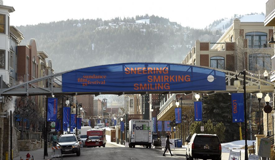 A banner greets festivalgoers on Main Street on the first day of the 2018 Sundance Film Festival on Thursday, Jan. 18, 2018, in Park City, Utah. (Photo by Chris Pizzello/Invision/AP)