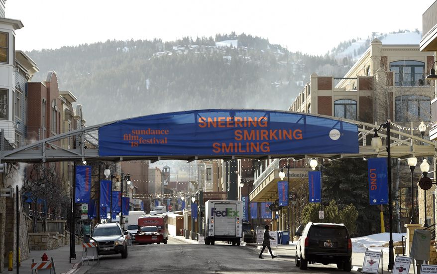 A banner greets festivalgoers on Main Street on the first day of the 2018 Sundance Film Festival on Thursday, Jan. 18, 2018, in Park City, Utah. (Photo by Chris Pizzello/Invision/AP)