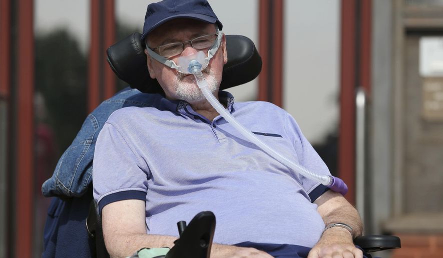 This is a July, 19, 2017 file photo of terminally-ill British Noel Conway, a 68-year-old retired lecturer from Shrewsbury, England. Conway has been granted permission on Thursday, Jan. 18, 2018 to challenge the country's law on assisted dying, after an earlier decision that rejected his case. (Aaron Chown/ PA via AP, File)