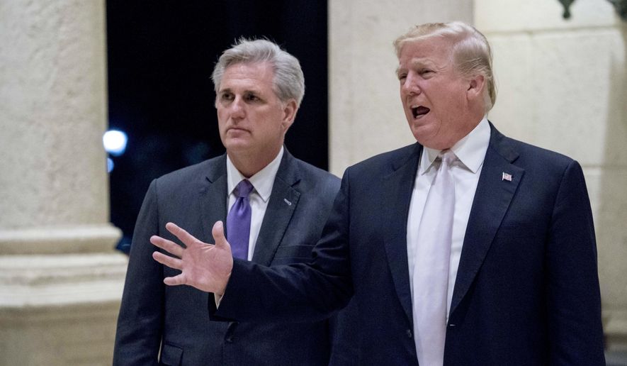 In this Jan. 14, 2018 photo, President Donald Trump, right, accompanied by House Majority Leader Kevin McCarthy, R-Calif., speaks to members of the media as they arrive for a dinner at Trump International Golf Club in West Palm Beach, Fla. Reinforcing its standing with social conservatives, the Trump administration creates a federal office to protect medical providers who refuse to participate in abortion, assisted suicide or other procedures because of their moral or religious beliefs.  (AP Photo/Andrew Harnik)