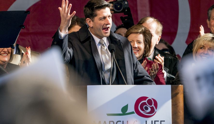 House Speaker Paul Ryan of Wis., speaks at an anti-abortion rally on the National Mall in Washington, Friday, Jan. 19, 2018, during the annual March for Life. Thousands of anti-abortion demonstrators gather in Washington for an annual march to protest the Supreme Court's landmark 1973 decision that declared a constitutional right to abortion. (AP Photo/Andrew Harnik)