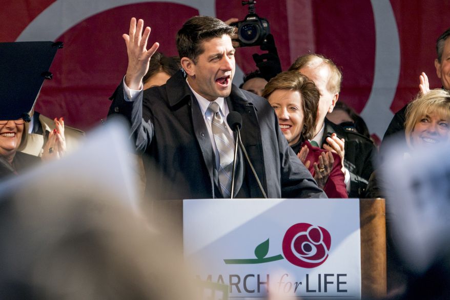 House Speaker Paul Ryan of Wis., speaks at an anti-abortion rally on the National Mall in Washington, Friday, Jan. 19, 2018, during the annual March for Life. Thousands of anti-abortion demonstrators gather in Washington for an annual march to protest the Supreme Court's landmark 1973 decision that declared a constitutional right to abortion. (AP Photo/Andrew Harnik)