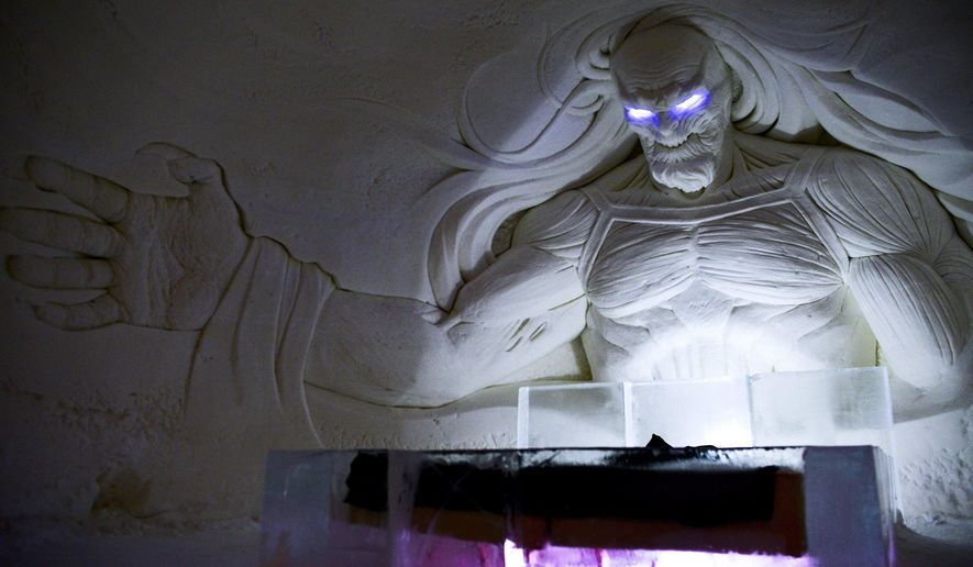 A large decoration is seen inside a  Game of Thrones-themed ice hotel in Kittila  Finnish Lapland on Sunday Jan. 14, 2018. A “Game of Thrones”-themed ice hotel complete with a bar and a chapel for weddings has opened in northern Finland in a joint effort by a local hotel chain and the U.S. producers of the hit TV series. Lapland Hotels said Friday they chose “Game of Thrones” to be the theme for this season&#x27;s Snow Village, an annual ice-and-snow construction project covering 20,000 square meters (24,000 sq. yards) in Kittila, 150 kilometers (93 miles) above the Arctic Circle.(Aku H&#x27;yrynen/Lehtikuva via AP)
