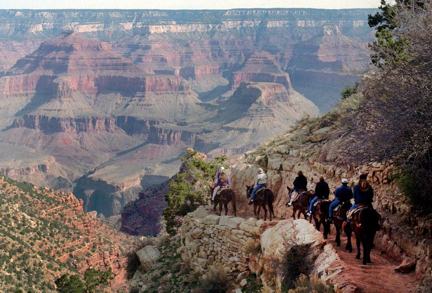 FILE - In this March 27, 1996, file photo, a mule train winds its way down the Bright Angel trail at Grand Canyon National Park, Ariz. Arizona officials on Friday, Jan. 19, 2018, guaranteed that the Grand Canyon National Park will remain in full operation if Congress fails to pass a budget and a government shutdown ensues. Arizona Republican Gov. Doug Ducey said the state's top tourist attraction "will not close on our watch, period." (AP Photo/Jeff Robbins, File)