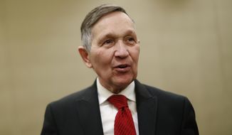 Former U.S. Rep. Dennis Kucinich speaks at a news conference after announcing his run for Ohio governor the previous day, Thursday, Jan. 18, 2018, in Cincinnati. Kucinich said he would muster state resources to fight poverty and violence, boost arts and education and expand economic opportunity. (AP Photo/John Minchillo)