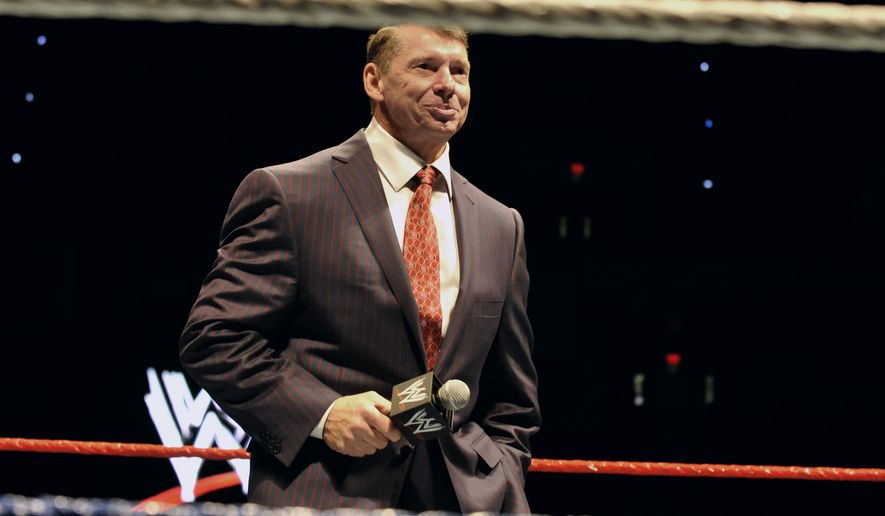 In this Oct. 30, 2010, photo, WWE chairman and CEO Vince McMahon speaks to an audience during a WWE fan appreciation event in Hartford, Conn. (AP Photo/Jessica Hill) **FILE **