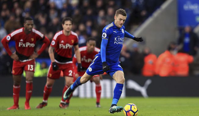 Leicester City&#x27;s Jamie Vardy scores his side&#x27;s first goal of the game, during the English Premier League match between Leicester City and Watford, at the King Power Stadium, in Leicester, England, Saturday, Jan. 20, 2018. (Mike Egerton/PA via AP)