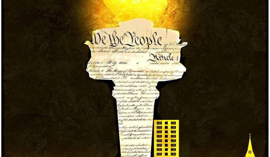 Illustration on the Constitution as the basis for renewed protection of religious rights by Alexander Hunter/The Washington Times