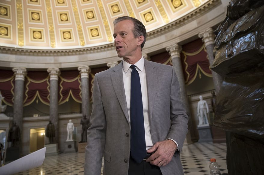 Sen. John Thune, R-S.D., the Republican Conference chairman in the Senate, waits to do a TV news interview at the Capitol in Washington, Sunday, Jan. 21, 2018. (AP Photo/J. Scott Applewhite) ** FILE **