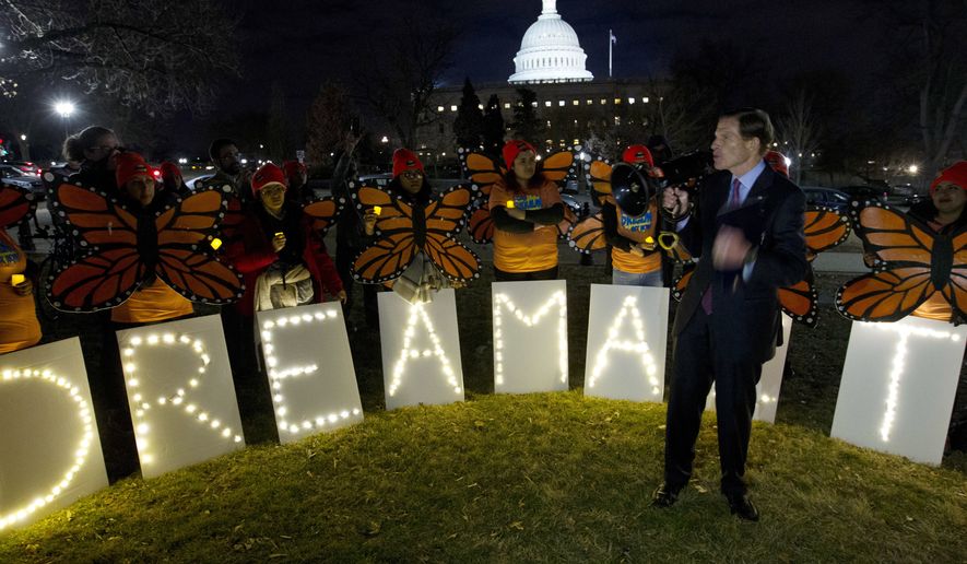 Sen. Richard Blumenthal D-Conn., speaks during a rally in support of Deferred Action for Childhood Arrivals (DACA) outside of the Capitol, Sunday, Jan. 21, 2018, in Washington. (AP Photo/Jose Luis Magana) ** FILE **