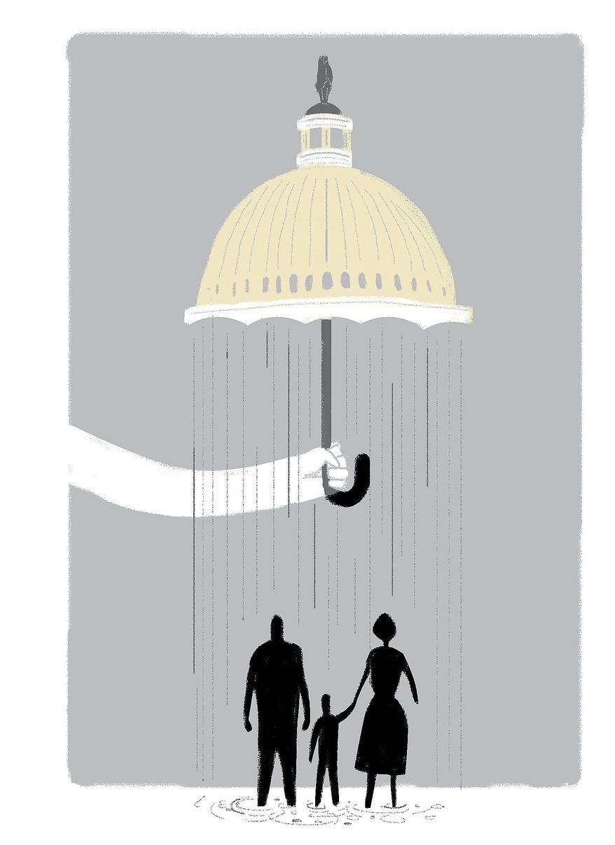Illustration on the need to reform Federal welfare programs by Linas Garsys/The Washington Times