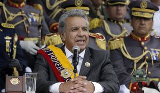 In this Aug. 10, 2017 file photo, Ecuador&#39; President Lenin Moreno speaks during a military ceremony on Independence Day in Quito, Ecuador. Ecuador’s president lashed out at WikiLeaks founder Julian Assange on Jan. 21, 2018 even as he contends his government is working behind the scenes to help him out of the Ecuadorean embassy in London. (AP Photo/Dolores Ochoa, File)