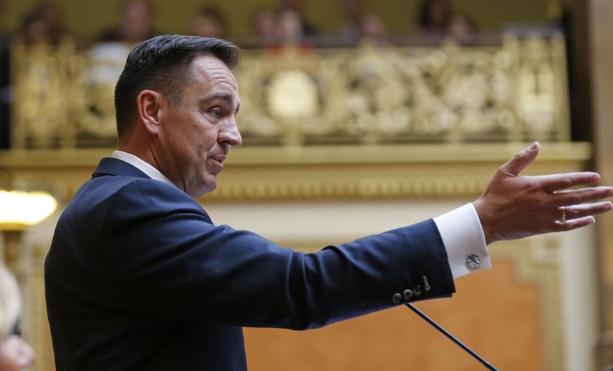 Utah House Speaker Greg Hughes speaks to the Utah House of Representatives Monday, Jan. 22, 2018, in Salt Lake City. Utah lawmakers are expected to dig in to tax reform, Medicaid and more starting Monday when the state Legislature meets for a whirlwind annual session that wraps up the second week of March. (AP Photo/Rick Bowmer)