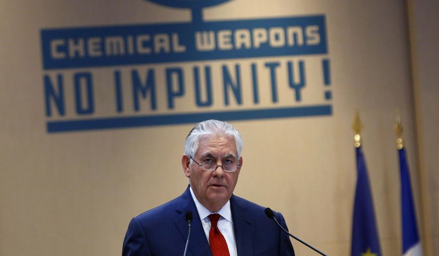U.S. Secretary of State Rex Tillerson delivers a speech during a foreign ministers&#x27; meeting on the International Partnership against Impunity for the Use of Chemical Weapons, in Paris, Tuesday, Jan. 23, 2018. The United States and 28 other countries are launching a new plan to better identify and punish anyone who uses chemical weapons, amid new reports of a suspected chemical attack in Syria. (AP Photo/Thibault Camus)