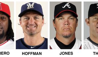 FILE - These file photos show baseball players, from left, Vladimir Guerrero, Trevor Hoffman, Chipper Jones and Jim Thome. All four were elected to baseball&#39;s Hall of Fame on Wednesday, Jan. 24, 2018.  (AP Photo/File)