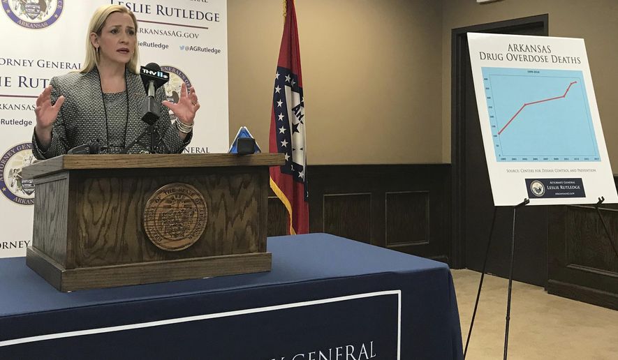 Arkansas Attorney General Leslie Rutledge speaks to reporters on Wednesday, January 24, 2018 in Little Rock, Ark., about the state's opioid crisis. Rutledge announced she has retained five law firms to help investigate and assist in potential legal action against drug manufacturers. (AP Photo/Andrew Demillo)