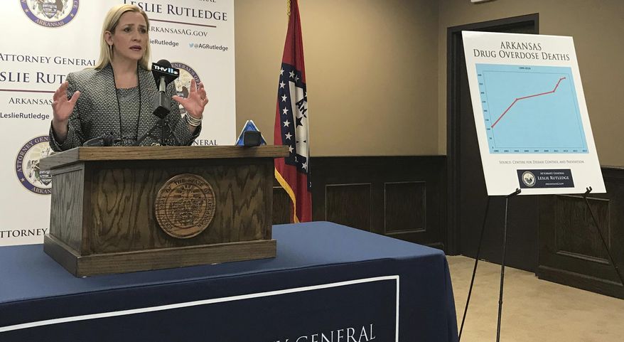Arkansas Attorney General Leslie Rutledge speaks to reporters on Wednesday, January 24, 2018 in Little Rock, Ark., about the state's opioid crisis. Rutledge announced she has retained five law firms to help investigate and assist in potential legal action against drug manufacturers. (AP Photo/Andrew Demillo)