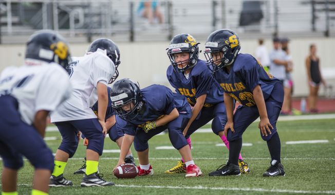 In this photo provided by USA Football, youth football teams in Solon, Ohio, play Rookie Tackle, a small-sided version of the sport piloted by USA Football in 2017, in alignment with the U.S. Olympic Committee&#x27;s American Development Model for skill development and enjoyment of sport. Part of USA Football&#x27;s mission is to make the game safer and more popular for youngsters. (Joe Smithberger/USA Football via AP)