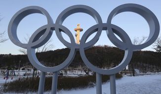 The Olympic rings are displayed at the Main Press Center for the 2018 Pyeongchang Winter Olympics in Pyeongchang, South Korea, Tuesday, Jan. 23, 2018. A team of South Korean officials travelled to North Korea on Tuesday to check logistics for joint events ahead of next month&#39;s Winter Olympics in the South, as the rivals exchanged rare visits to each other amid signs of warming ties. (AP Photo/Ahn Young-joon)