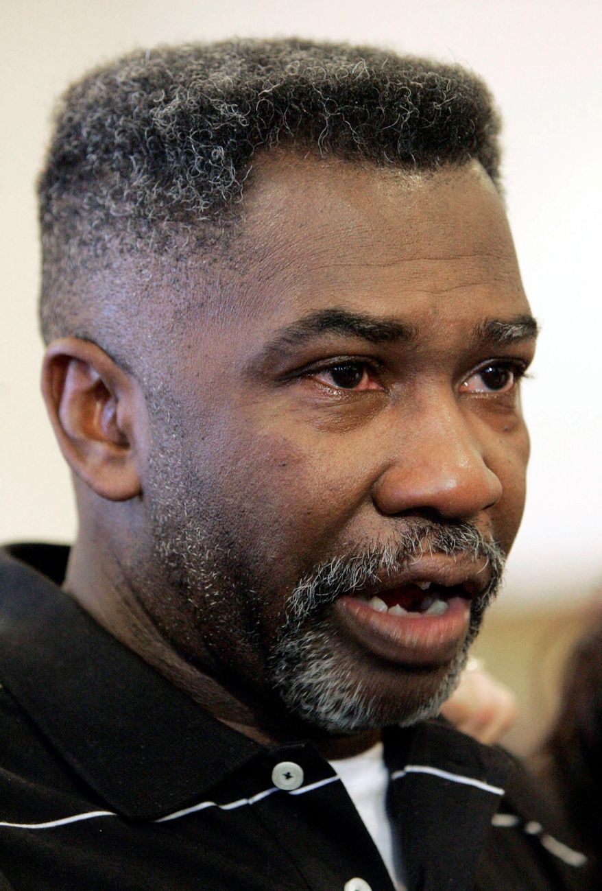 FILE- This Feb. 15, 2008 file photo shows Levon Brooks as he speaks to reporters after a circuit court judge released him from jail and granted him a new trial, in Macon, Miss. Brooks, who was imprisoned 16 years for crimes he didn't commit, has died after an extended illness, a decade after being released. Brooks died Wednesday, Jan. 24, 2018, at his home in Columbus, Miss. He was 58. (AP Photo/Rogelio V. Solis, File)