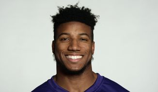 FILE - This is a 2017 photo of Marlon Humphrey of the Baltimore Ravens NFL football team. Humphrey has been arrested on a charge of stealing a phone charging cord from an Uber driver. Court records show the former Alabama player was arrested Thursday, Jan. 25, 2018, on a third-degree robbery charge in Tuscaloosa, Ala. The 21-year-old Humphrey is free on bond after being held briefly. (AP Photo/File)