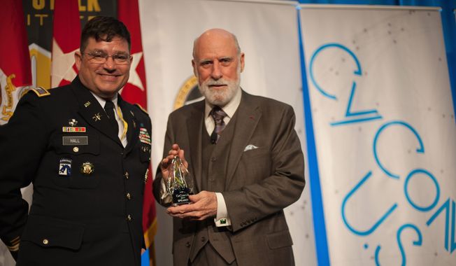 Col. Andrew O. Hall with Google&#x27;s Vinton G. Cerf, co-designer of the TCP/IP protocols and the architecture of the Internet, a keynote speaker at CyCon U.S. in November 2017. U.S. Army photo by Clare Blackmon.