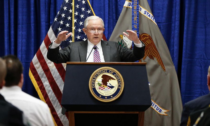 Attorney General Jeff Sessions speaks to a group of local law enforcement representatives about the opioid epidemic and violent crime, Monday, Jan. 29, 2018, in Pittsburgh. (AP Photo/Keith Srakocic)