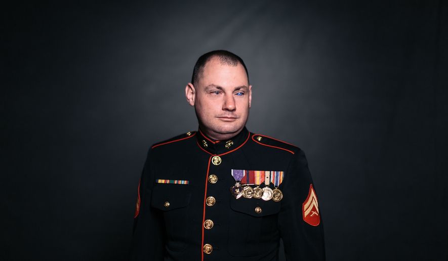 Retired Cpl. Matthew Bradford stepped on an IED in Iraq in 2007, causing shrapnel to immediately enter both of his eyes and blind him. He also lost both of his legs. After multiple surgeries and therapy, Bradford re-enlisted in the Marine Corps — the first blind double amputee to do so. He will be one of the guests at President Trump&#39;s State of the Union speech on Tuesday, Jan. 30, 2018. (Courtesy of the White House)

