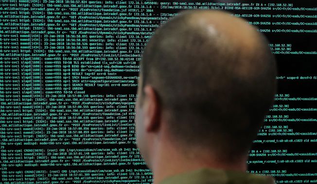 A solider watches code lines on his computer at the French Defense ministry stand during the International Cybersecurity forum in Lille, northern France, Tuesday Jan. 23, 2018.  (AP Photo/Michel Spingler) **FILE**