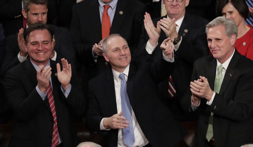 Rep. Steve Scalise, R-La., acknowledges President Donald Trump&#39;s introduction during the State of the Union address to a joint session of Congress on Capitol Hill in Washington, Tuesday, Jan. 30, 2018. (AP Photo/J. Scott Applewhite) ** FILE **