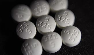 FILE - This Tuesday, Aug. 15, 2017 file photo shows an arrangement of pills of the opioid oxycodone-acetaminophen, also known as Percocet, in New York. Cities and counties of all sizes have sued companies that make and distribute prescription opioids. Among the plaintiffs so far: Philadelphia; the state of Ohio; Princeton, West Virginia; the Cherokee Nation; and a consortium of counties across Wisconsin. (AP Photo/Patrick Sison)