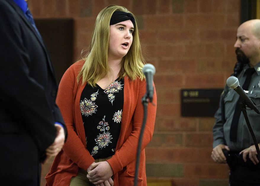 FILE - In this Nov. 21, 2017, file photo, Brianna Brochu, accused of contaminating her black roommate's belongings at the University of Hartford, addresses the court during a hearing in Hartford, Conn. Bruchu is scheduled to be in court Tuesday, Jan. 30, 2018, for a pretrial hearing. (Mark Mirko/The Courant via AP, Pool, File)