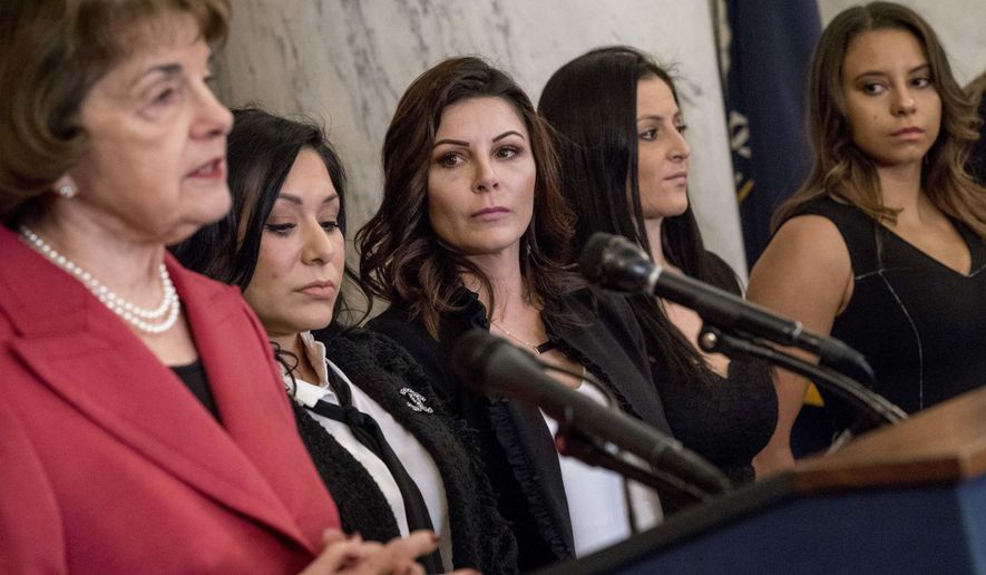 From left, Sen. Dianne Feinstein, D-Calif., accompanied by former U.S.A. gymnastics national team members and abuse survivors Jeanette Antolin, Jamie Dantzscher, Dominique Moceanu, and Mattie Larson, speaks at a news conference on legislation to prevent future abuse of young athletes, on Capitol Hill, Tuesday, Jan. 30, 2018, in Washington. (AP Photo/Andrew Harnik)