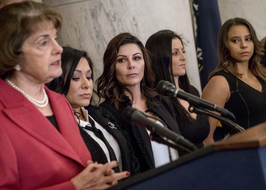 From left, Sen. Dianne Feinstein, D-Calif., accompanied by former U.S.A. gymnastics national team members and abuse survivors Jeanette Antolin, Jamie Dantzscher, Dominique Moceanu, and Mattie Larson, speaks at a news conference on legislation to prevent future abuse of young athletes, on Capitol Hill, Tuesday, Jan. 30, 2018, in Washington. (AP Photo/Andrew Harnik)