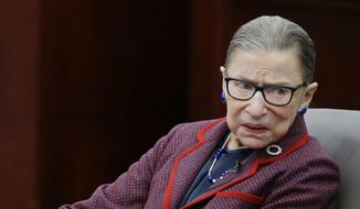 Supreme Court Justice Ruth Bader Ginsburg participates in a &amp;quot;fireside chat&amp;quot; in the Bruce M. Selya Appellate Courtroom at the Roger William University Law School Tuesday, Jan. 30, 2018, in Bristol, R.I. (AP Photo/Stephan Savoia) ** FILE **