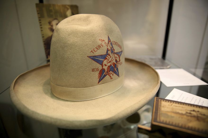 A commemorative hat from the Texas Centennial Exposition in 1936 worn by oil tycoon H.L. Hunt photographed at the State Fair of Texas administrative office at Fair Park in Dallas. It once belonged to Dallas billionaire H.L. Hunt and later his son, Lamar Hunt. It is one of many similar hats on display around Fair Park and in the Kavanaugh collection. (Rose Baca/The Dallas Morning News via AP)
