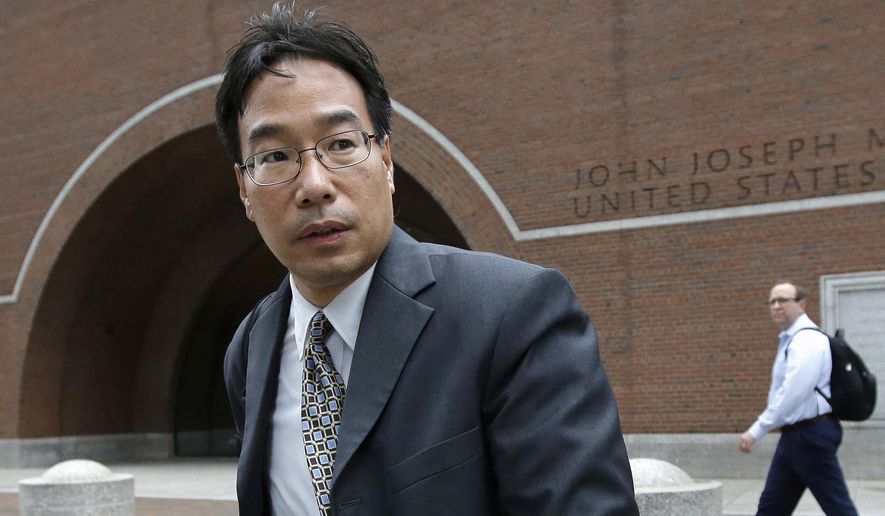 In this Sept. 19, 2017, file photo, Glenn Chin, supervisory pharmacist at the now-closed New England Compounding Center, leaves federal court in Boston. Chin, a Massachusetts pharmacist charged in a deadly 2012 meningitis outbreak, was cleared in October of second-degree murder charges, but convicted on dozens of other counts. He is scheduled to be sentenced on Wednesday, Jan. 31, 2018. (AP Photo/Steven Senne, file)